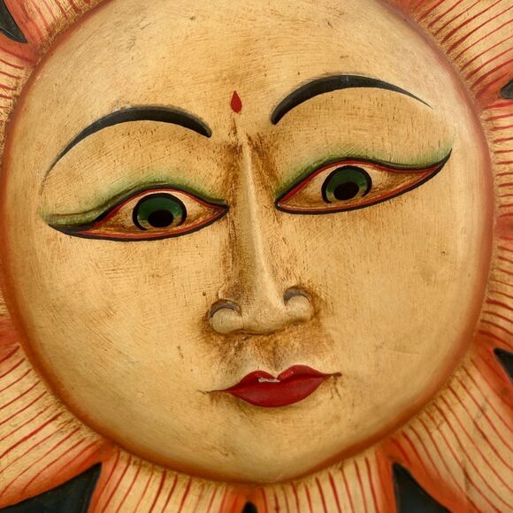 Vintage 16" Handmade Indonesia Hand Painted Sun Moon Wooden Wall Hanging Whimsy - Picture 6 of 16